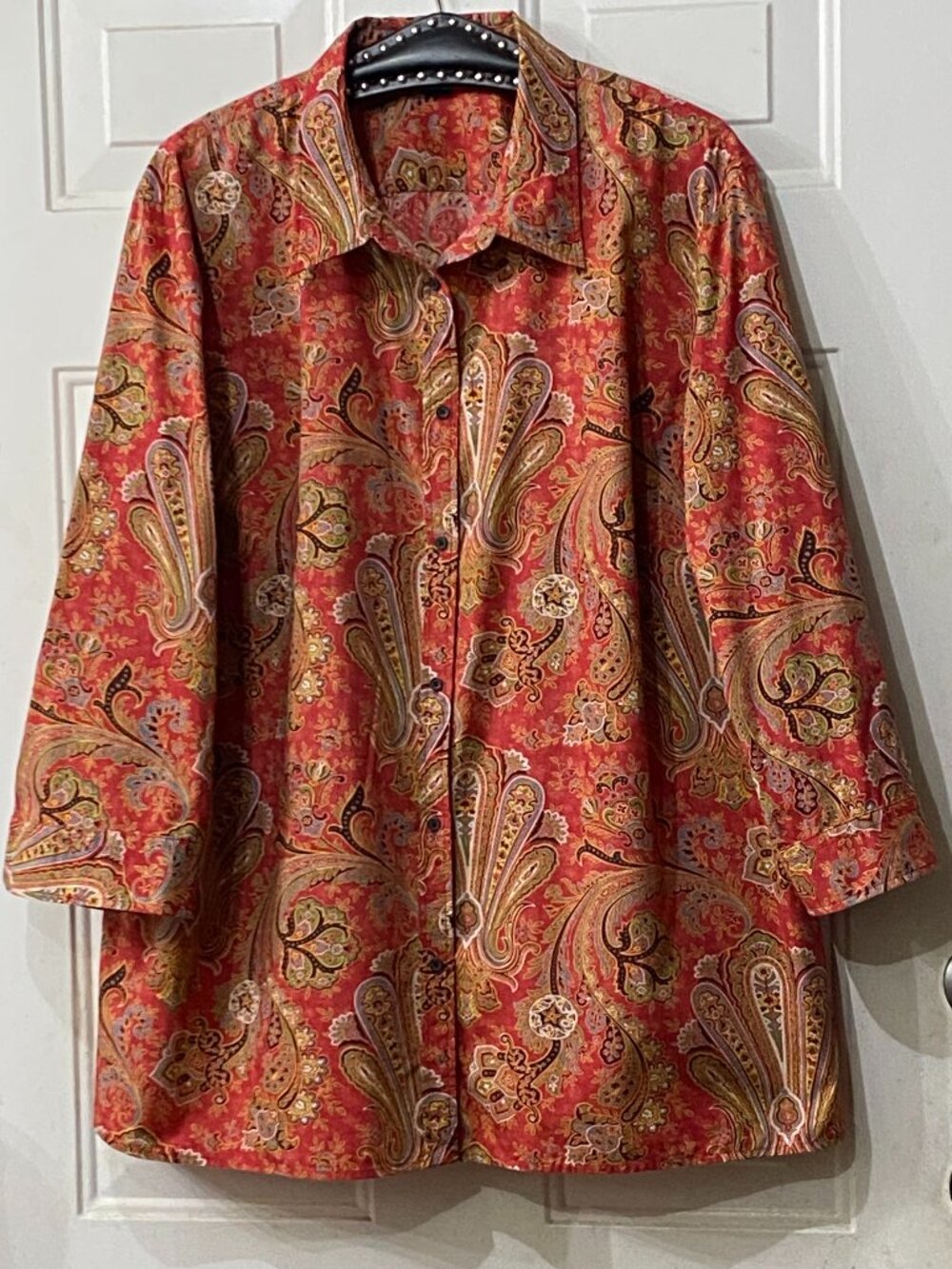 Chaps Sz 2X Women's Blouse Shirt 3/4 Sleeve Red/Multicolor Paisley